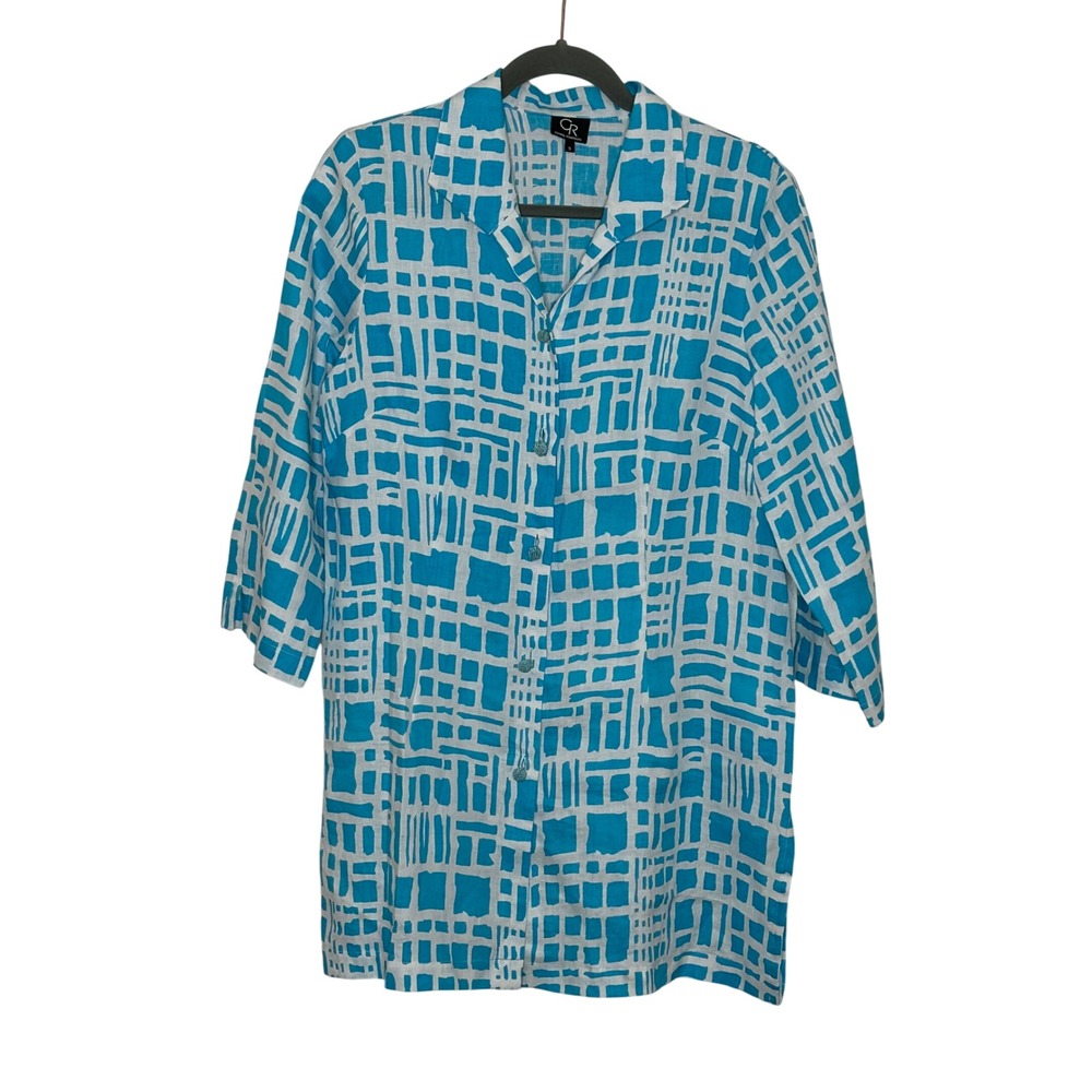 Connie Roberson Linen Button Down Tunic Top Size S Aqua Blue White 3/4‎ Sleeve
